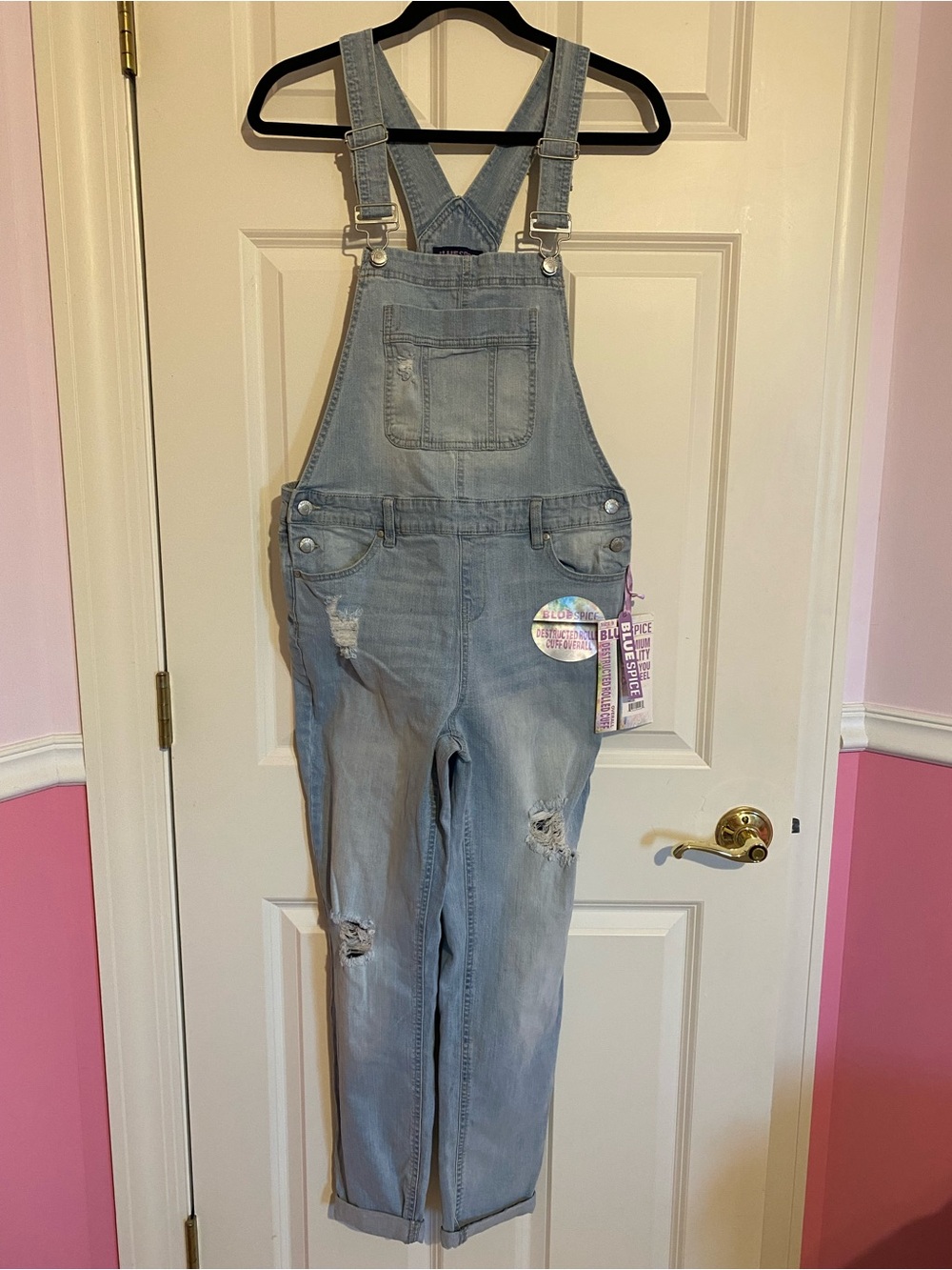 Blue Spice adjustable distressed denim overalls, size 9